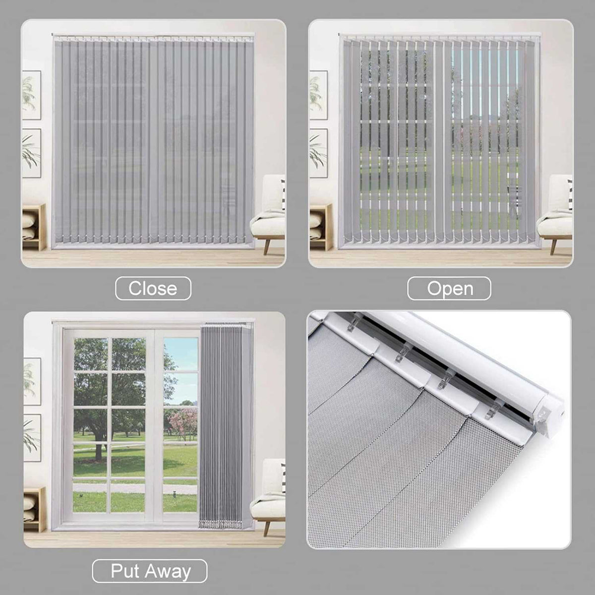 LANTIME Solar Mesh beige cordless vertical blinds with 5% openness for sliding door sunlight and UV protection