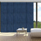 Blackout sliding panel blinds covering large sliding glass doors in modern living room