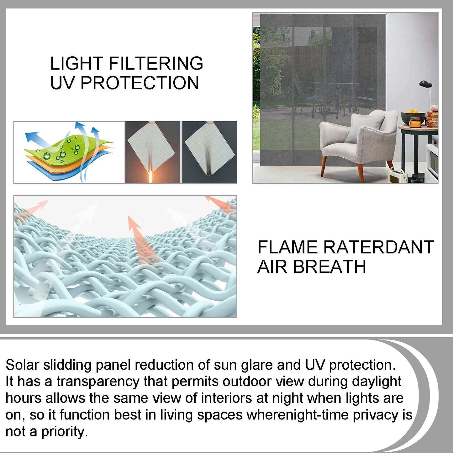 Solar sliding panel blind light-filtering fabric features