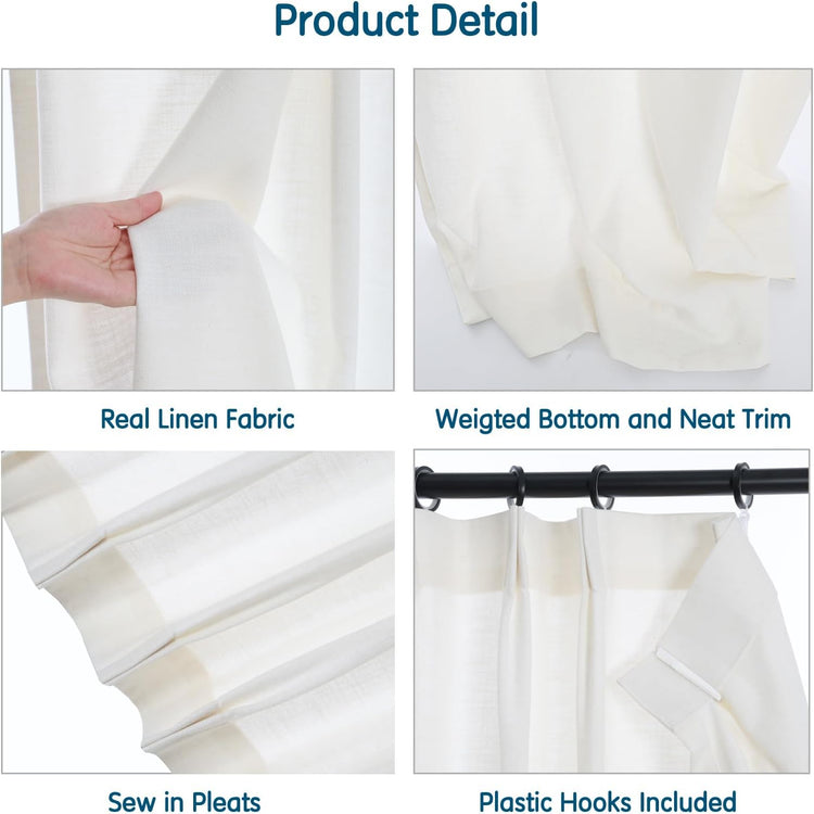 LANTIME Real Linen pinch pleat curtains set of 2 in light filtering beige fabric with custom length options