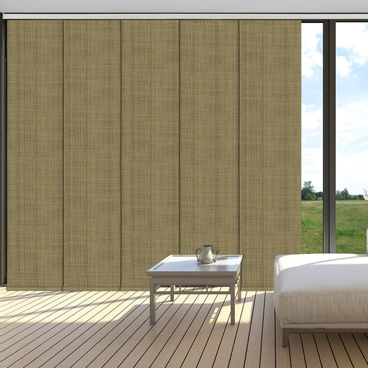 Blackout sliding panel blinds on large sliding door with modern track system for privacy and light control