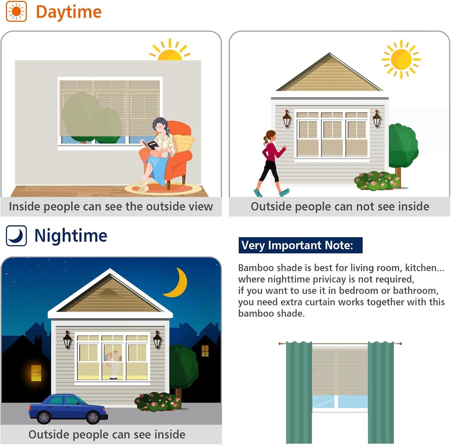 Cordless Wood Window Shades Blinds, Bamboo Sheer Light Filtering Woven Roman Shades