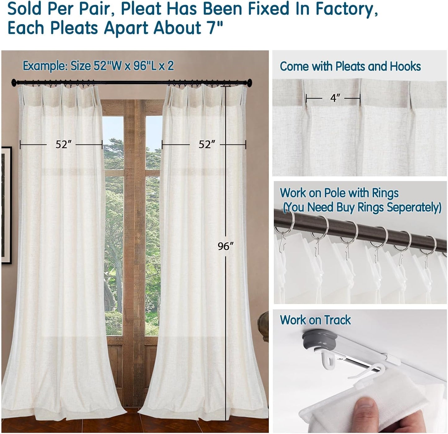 LANTIME Pleated Real Linen Curtains