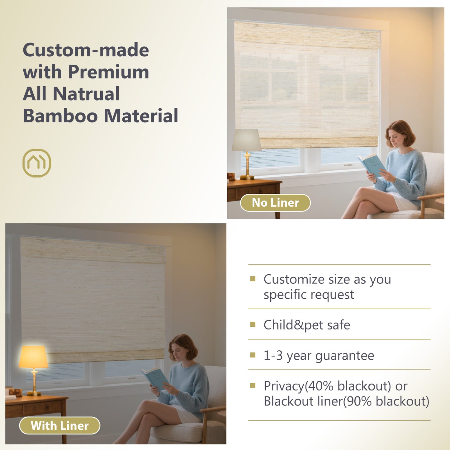 Custom Bamboo Shades|Natural Bamboo|Top Down Bottom Up Cordless|Cordless Roman Shades for Windows and Doors (Natural Woven)