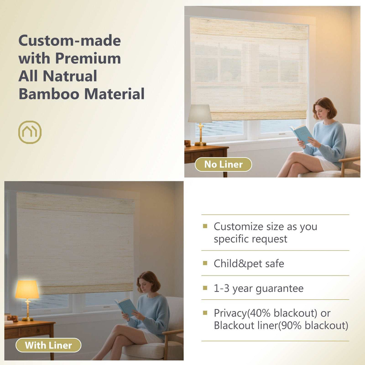 LANTIME Bamboo Roman Shade cordless natural woven bamboo blinds with top down bottom up design and custom fit