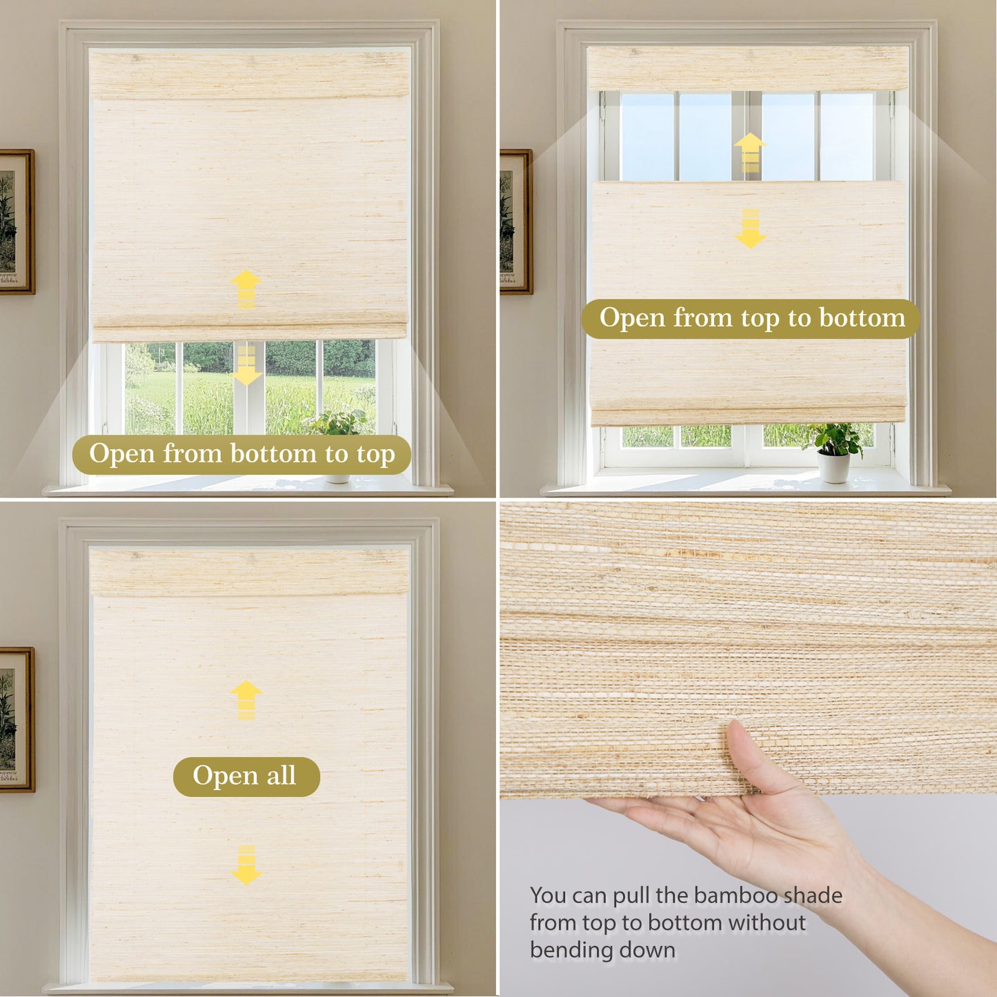 Custom Bamboo Shades|Natural Bamboo|Top Down Bottom Up Cordless|Cordless Roman Shades for Windows and Doors (Natural Woven)