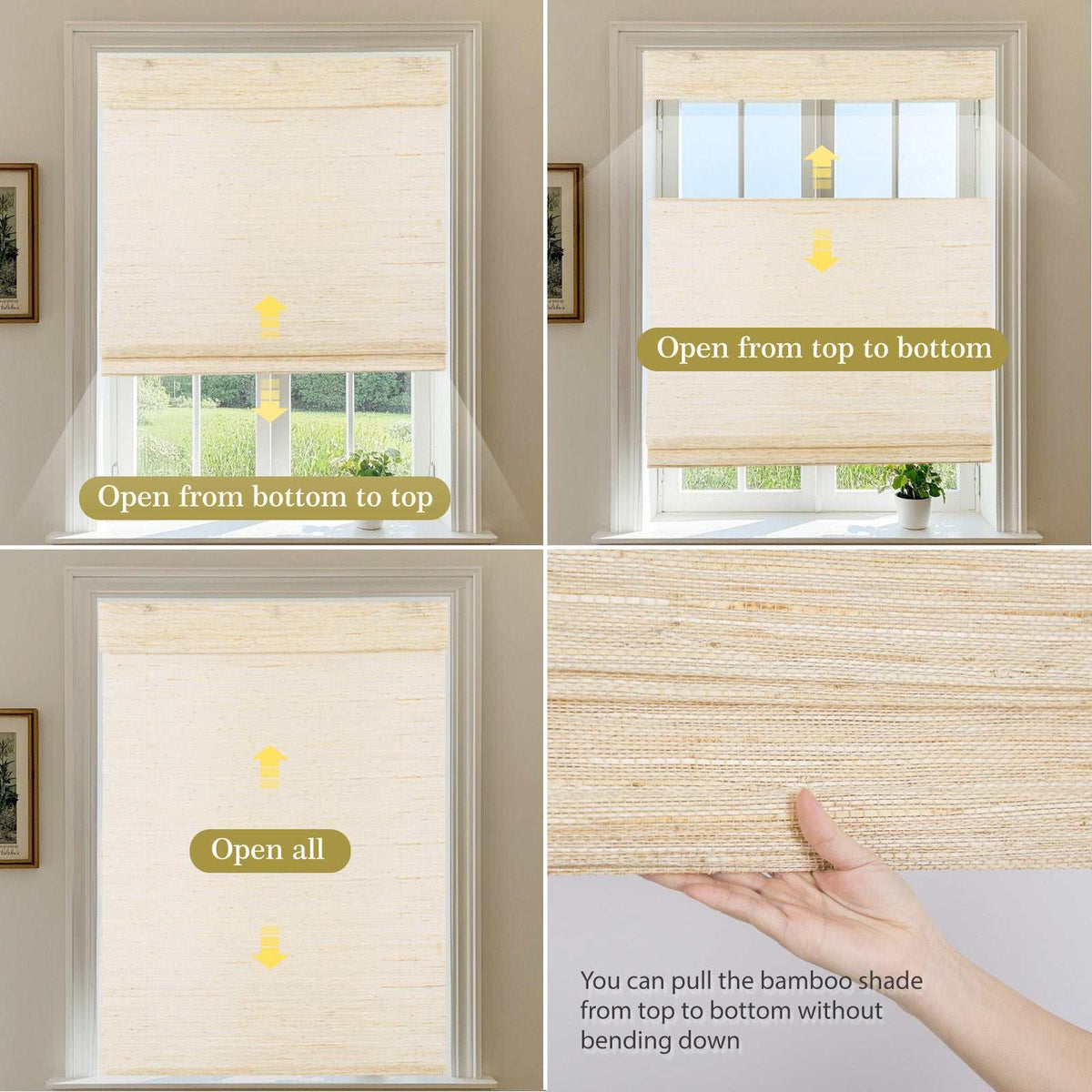 LANTIME Bamboo Roman Shade cordless natural woven top down bottom up window covering with textured wood slats