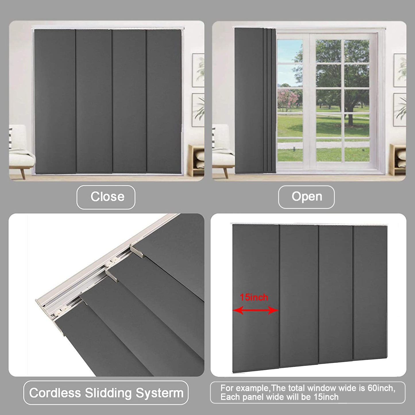 Cordless Sliding Panels Track Blinds, 100% Blackout Made to Order Vertical Blinds for Large Windows, Sliding Doors, Open Spaces and Room Dividers