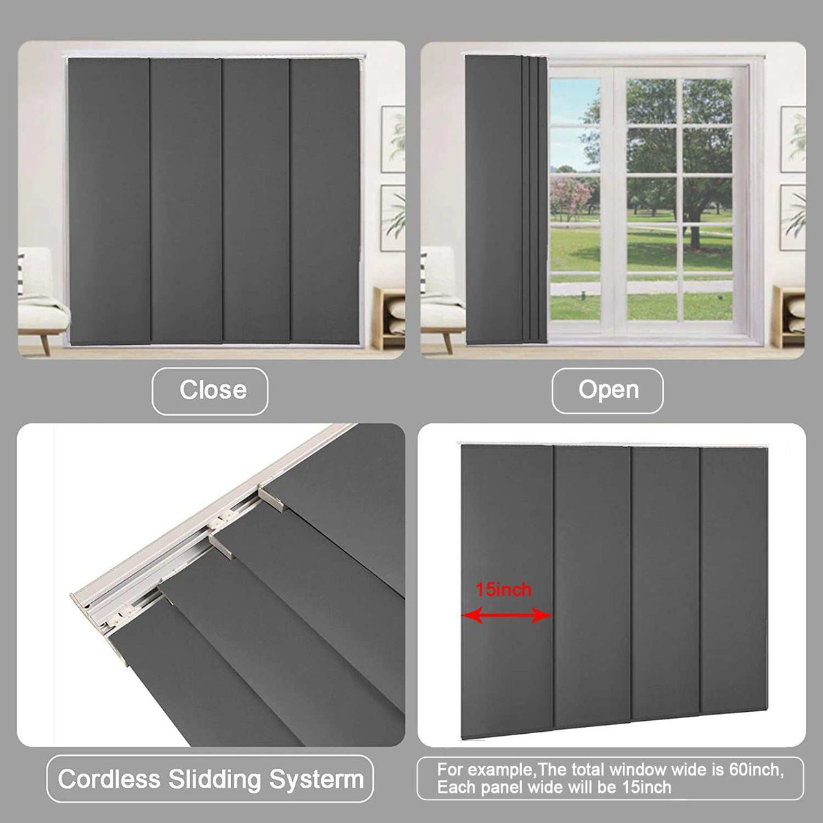 Blackout sliding panel track blinds for large windows with cordless, custom sizing and thermal insulation