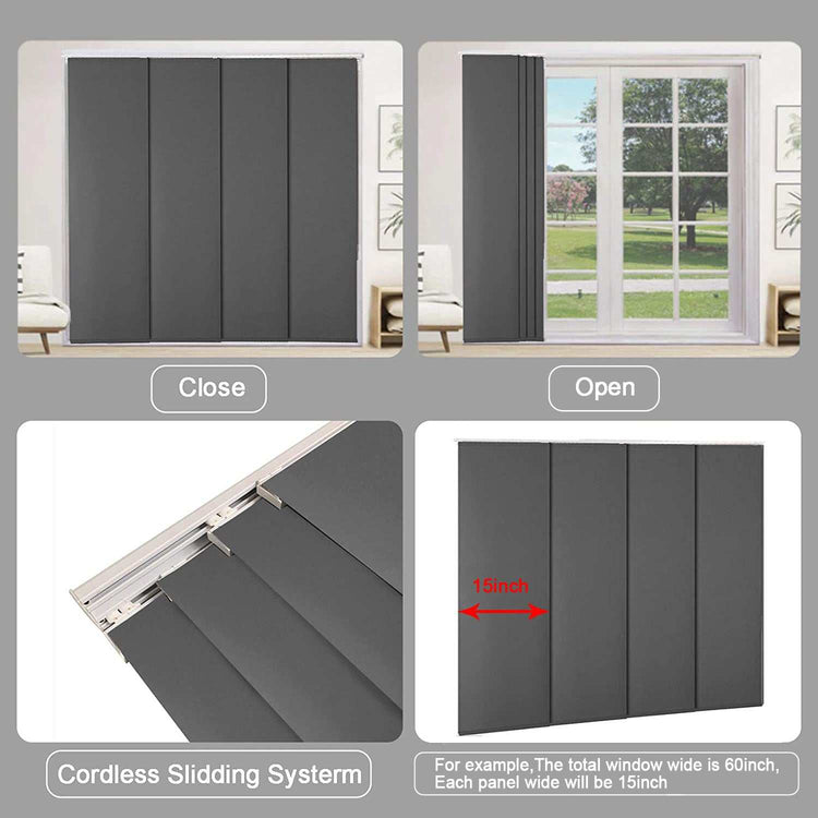 Blackout sliding panel track blinds for large windows with cordless, custom sizing and thermal insulation