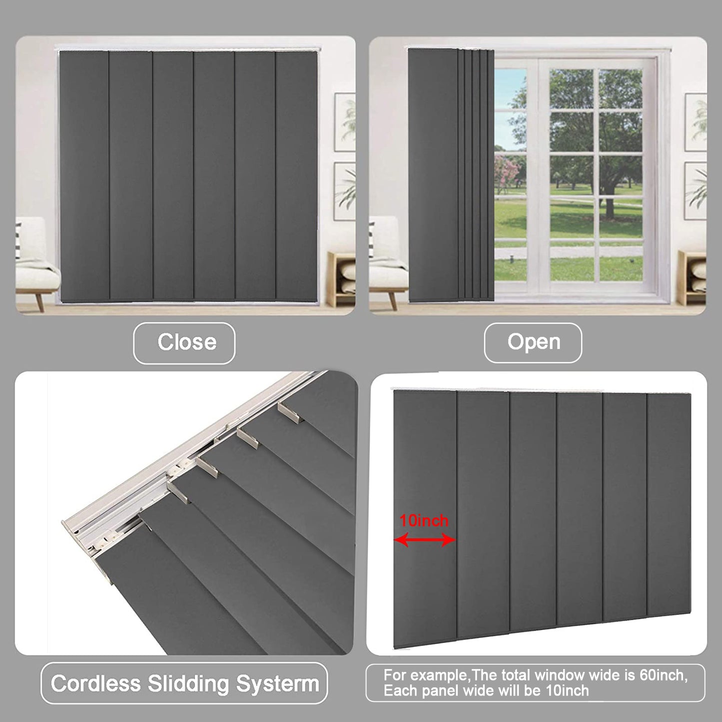 Cordless Sliding Panels Track Blinds, 100% Blackout Made to Order Vertical Blinds for Large Windows, Sliding Doors, Open Spaces and Room Dividers