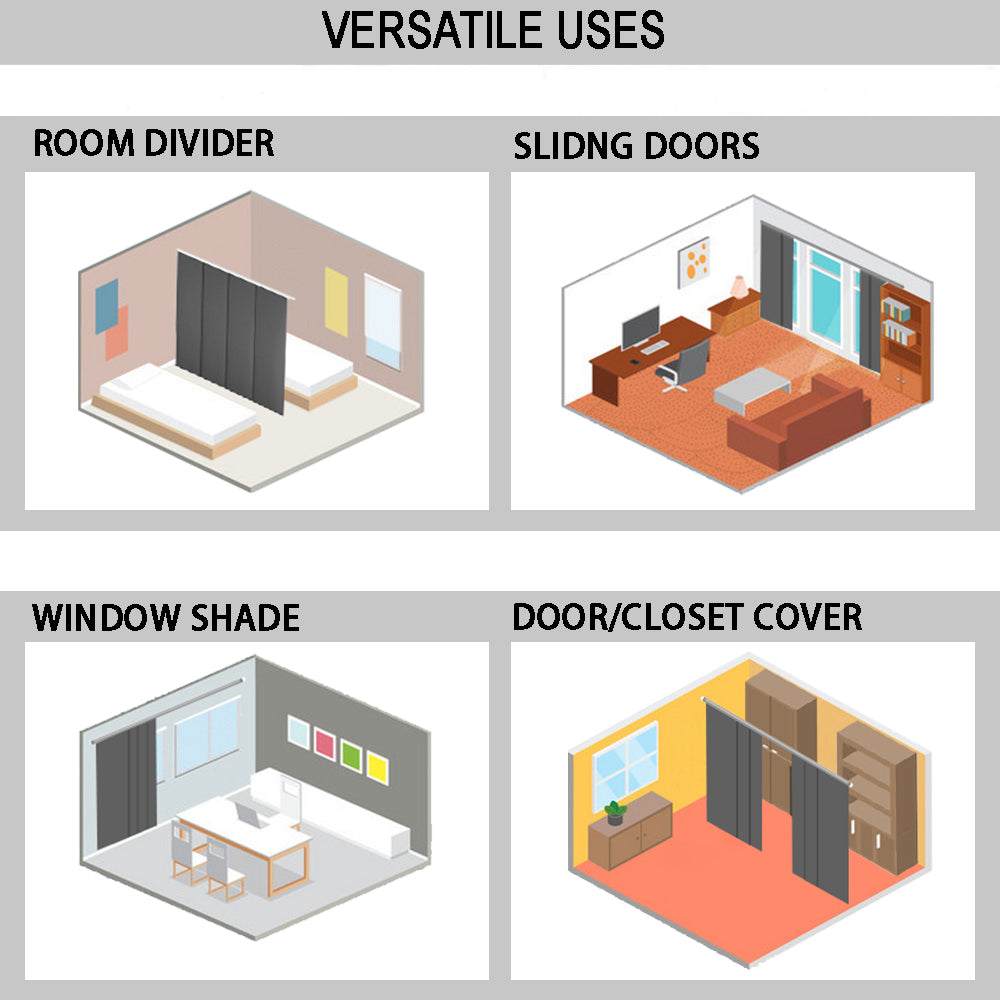 Sliding panel blinds used as room dividers, window shades and door covers