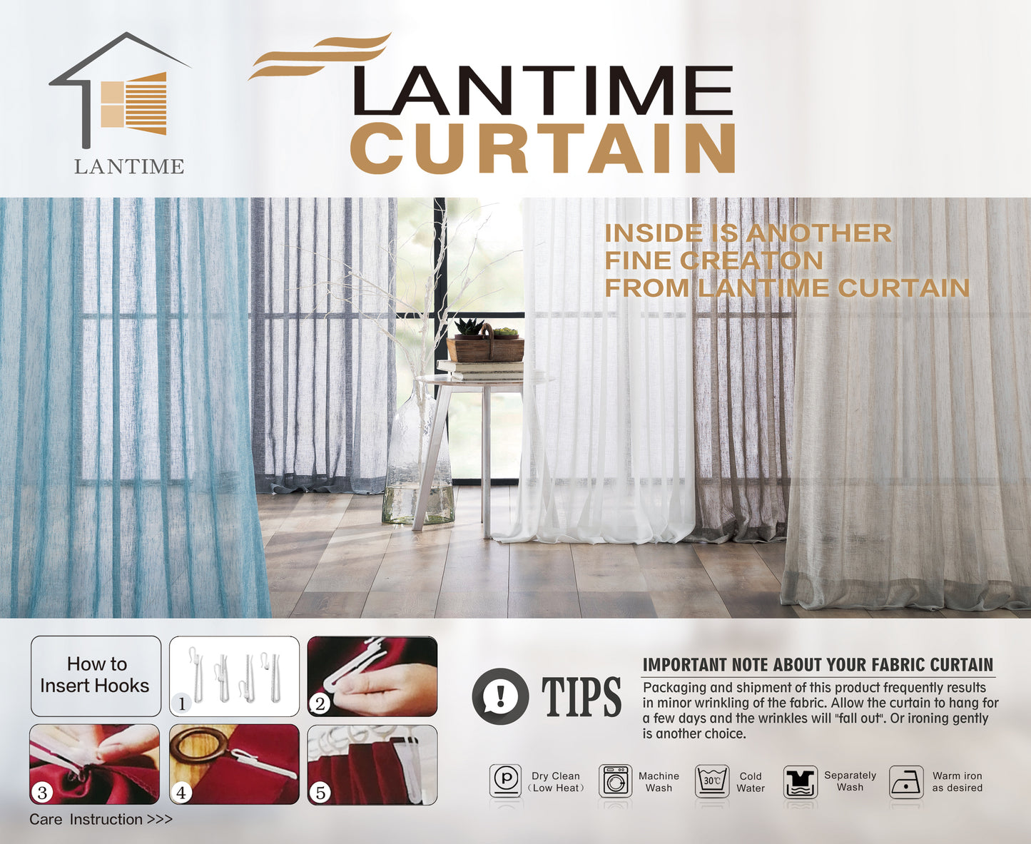 LANTIME Sheer Curtains , Faux Linen Double Pleats Window Sheer Curtains Panels Drapery for Home, Hotel, Office, Set of 2