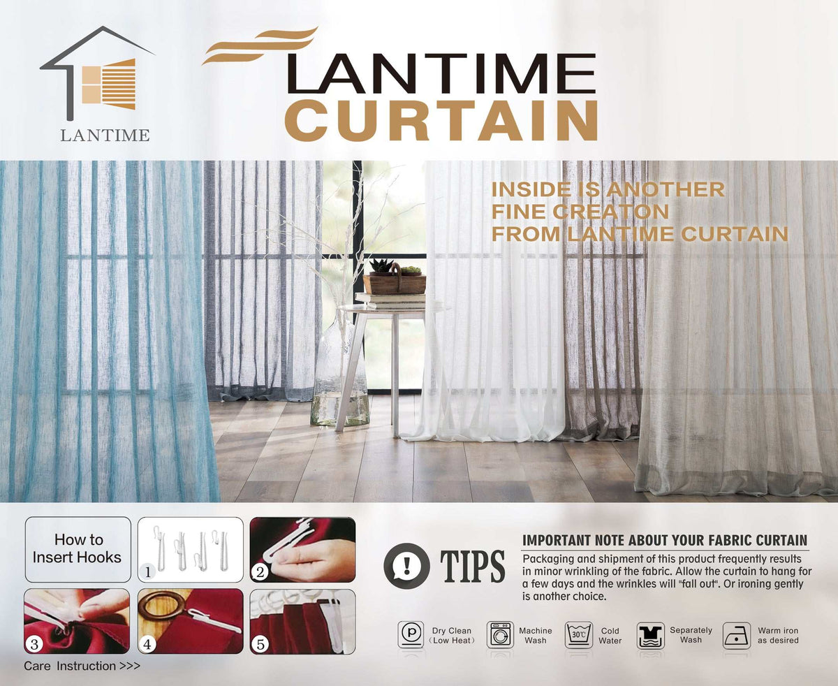 LANTIME Faux Linen Sheer Curtains with double pinch pleats, custom length, and linen texture for sun glare reduction and UV protection, sold in sets of 2.