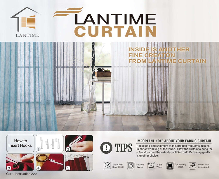 LANTIME Faux Linen Sheer Curtains with double pinch pleats, custom length, and linen texture for sun glare reduction and UV protection, sold in sets of 2.
