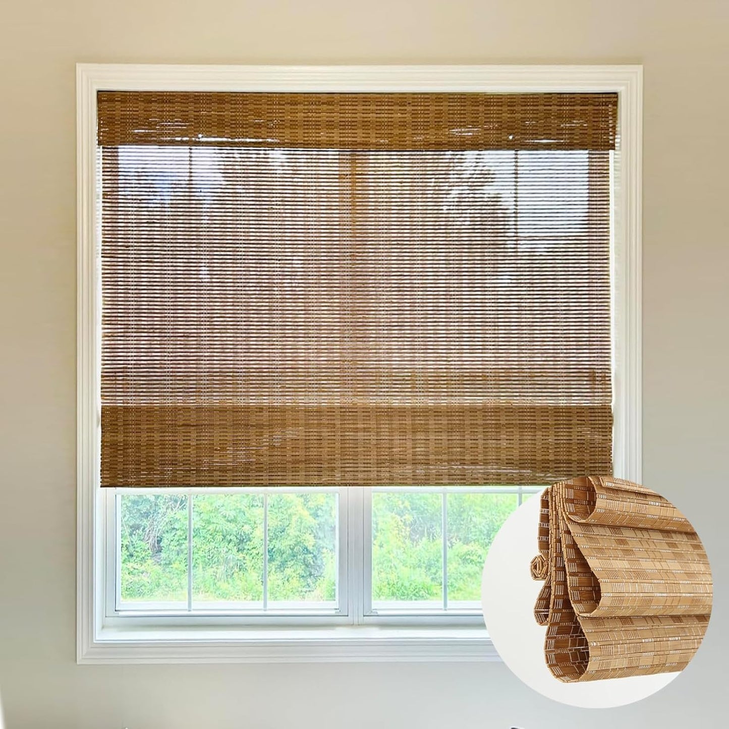 Cordless Wood Window Shades Blinds, Bamboo Sheer Light Filtering Woven Roman Shades