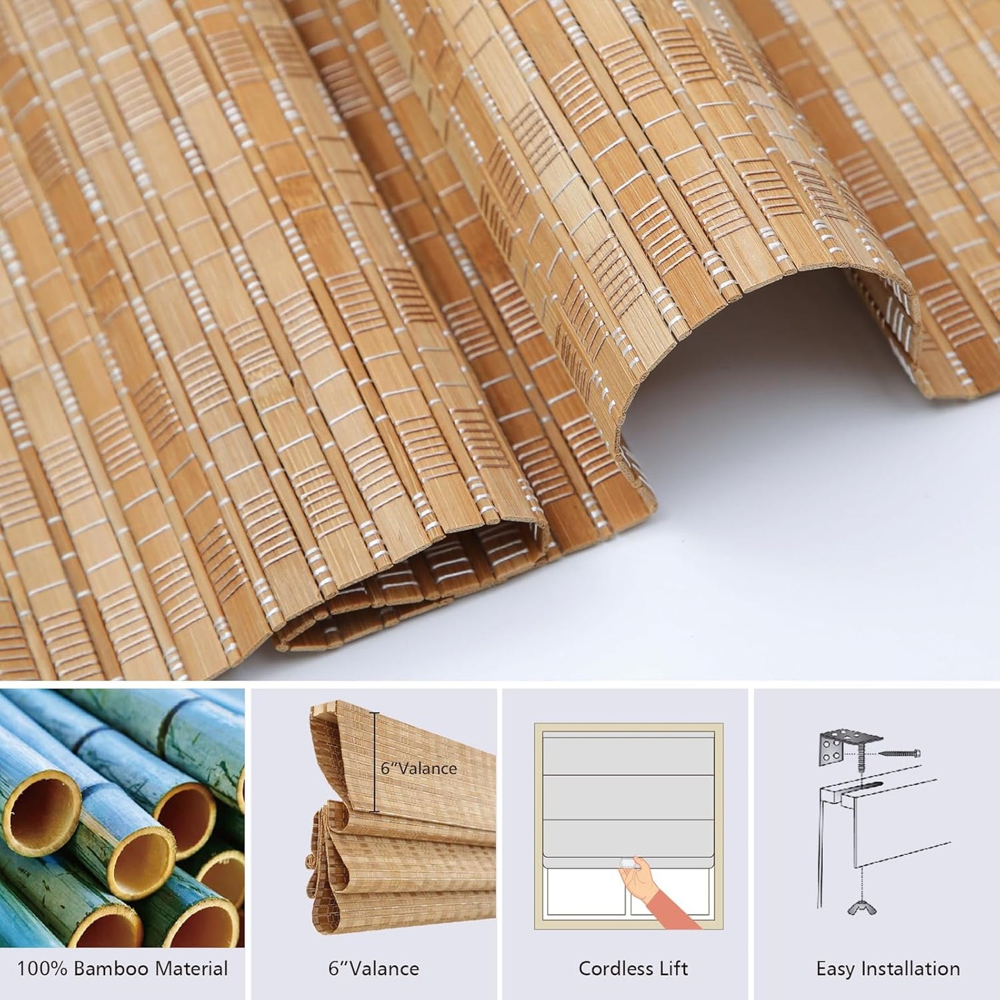 Cordless Wood Window Shades Blinds, Bamboo Sheer Light Filtering Woven Roman Shades