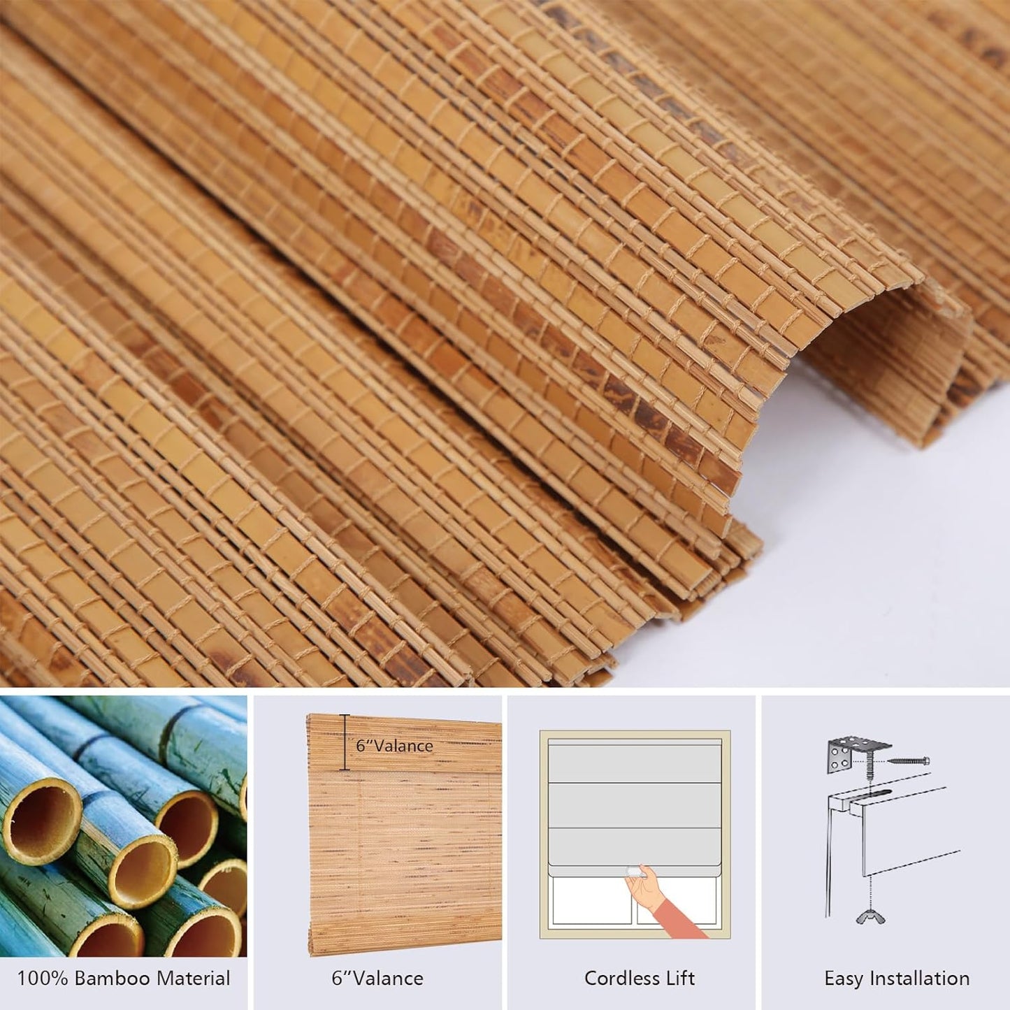 Cordless Wood Window Shades Blinds, Bamboo Sheer Light Filtering Woven Roman Shades