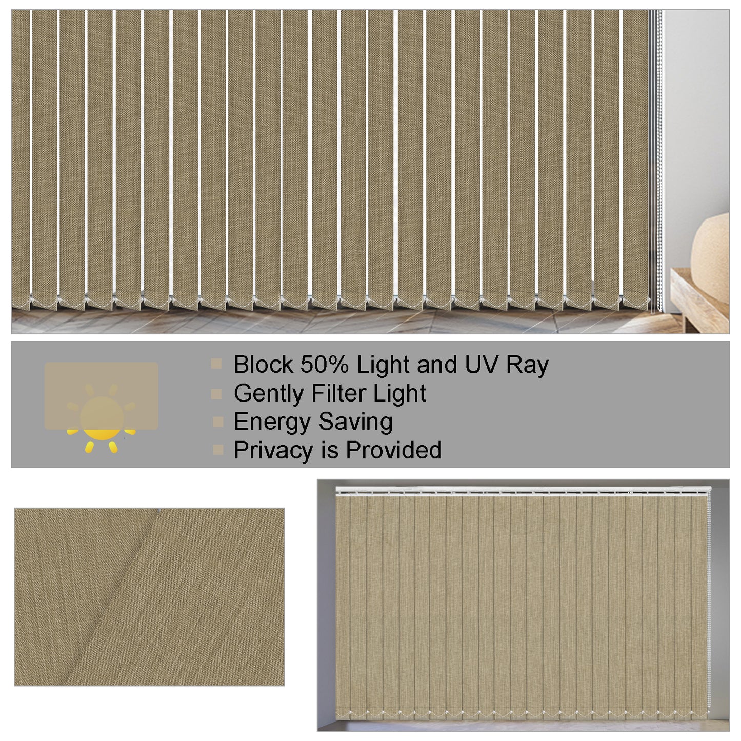 100% Blackout Fabric Vertical Window Shades, 3.5inch Slat Fabric Thermal Insulated Energy Saving UV Protection Decoration Vertical Window Blinds Valued