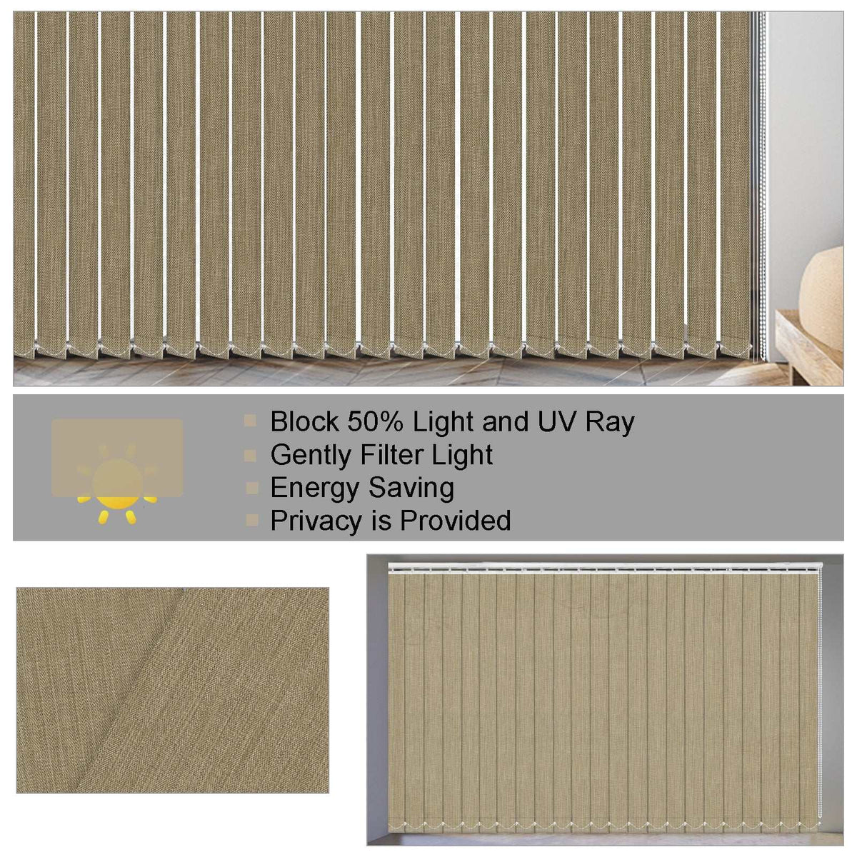 LANTIME Fabric Vertical Blinds 3.5 inch slats light filtering modern window treatment