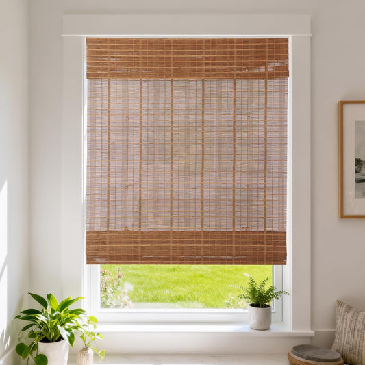 No Tools No Drill Cordless Wood Window Roman Shades, Bamboo Light Filtering Window Blinds for Indoor Kitchen, Office, Home