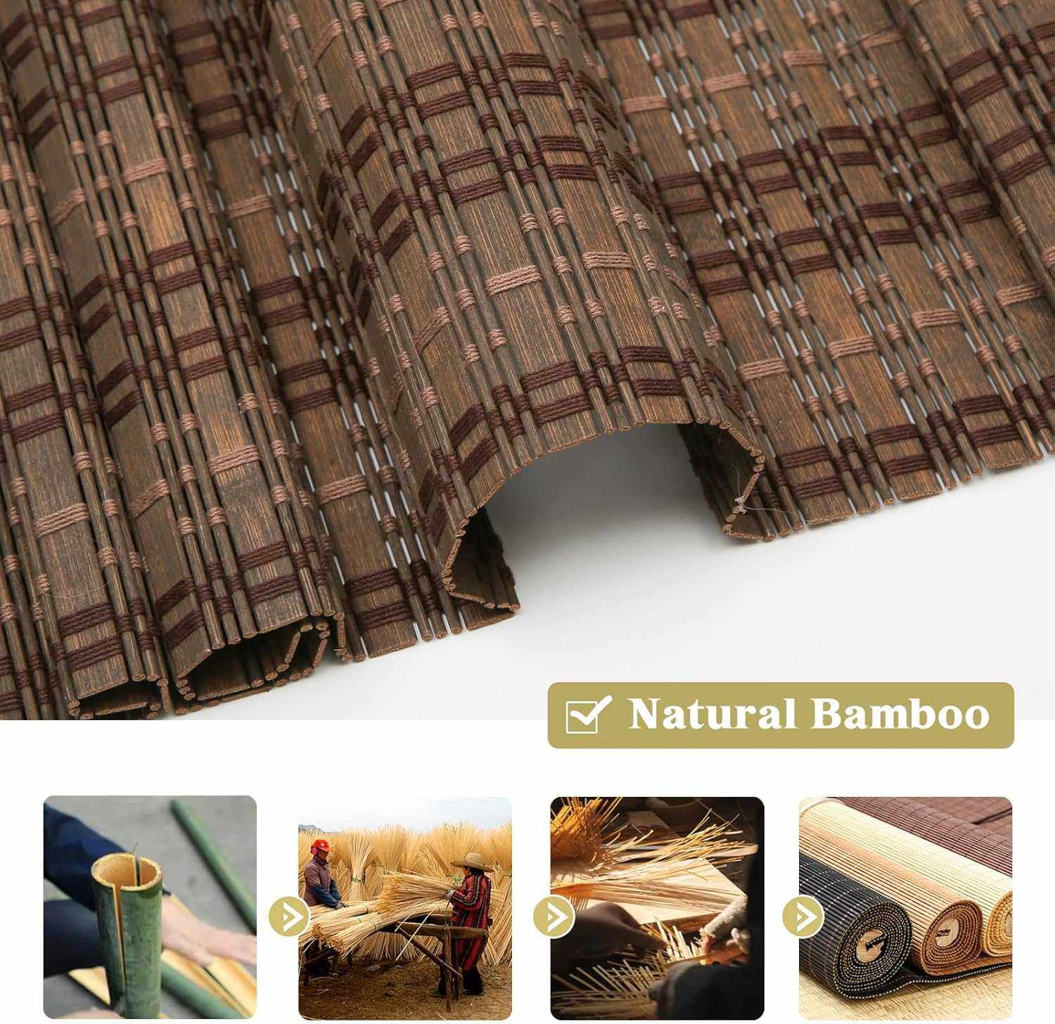 No drill no tools bamboo Roman shade cordless light filtering window blind for kitchen and office