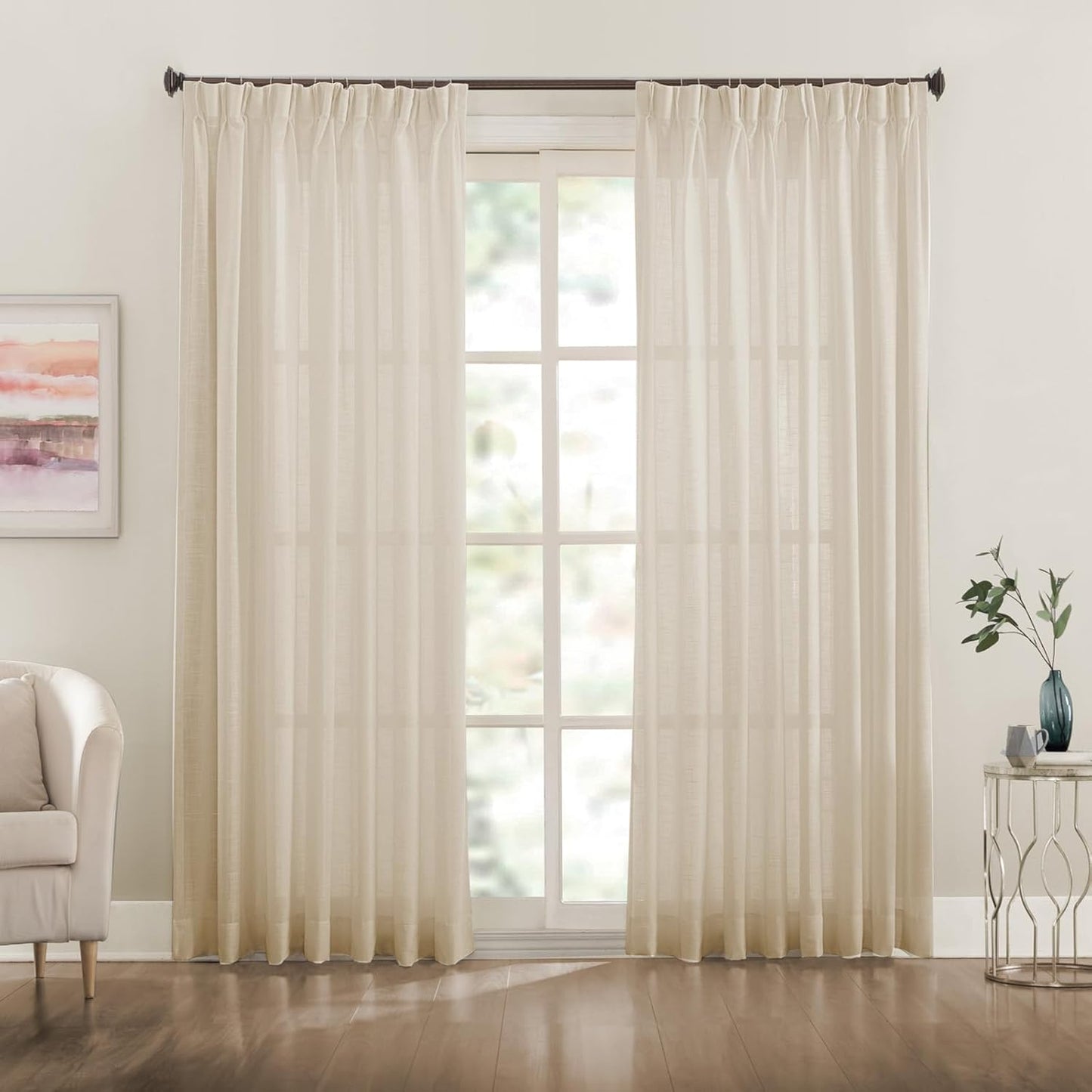 LANTIME Pinch Pleats Sheer Curtains, Semi Window Curtains Panels Drapery, Set of 2