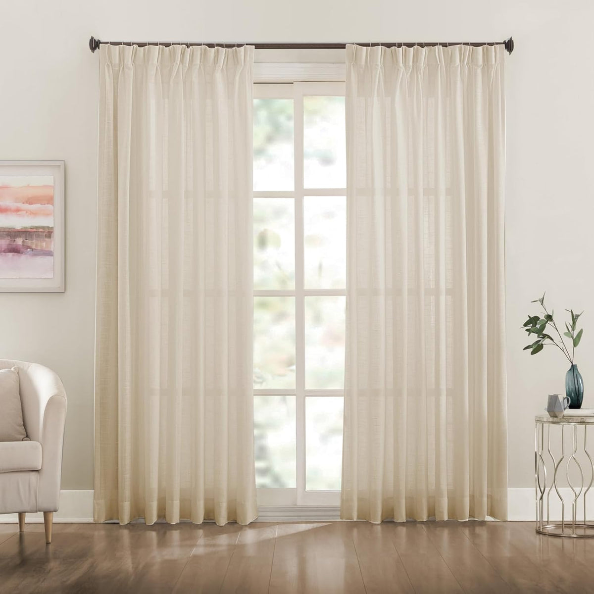 Pair of LANTIME Faux Linen Pinch Pleat sheer curtains with semi-sheer texture and custom length option