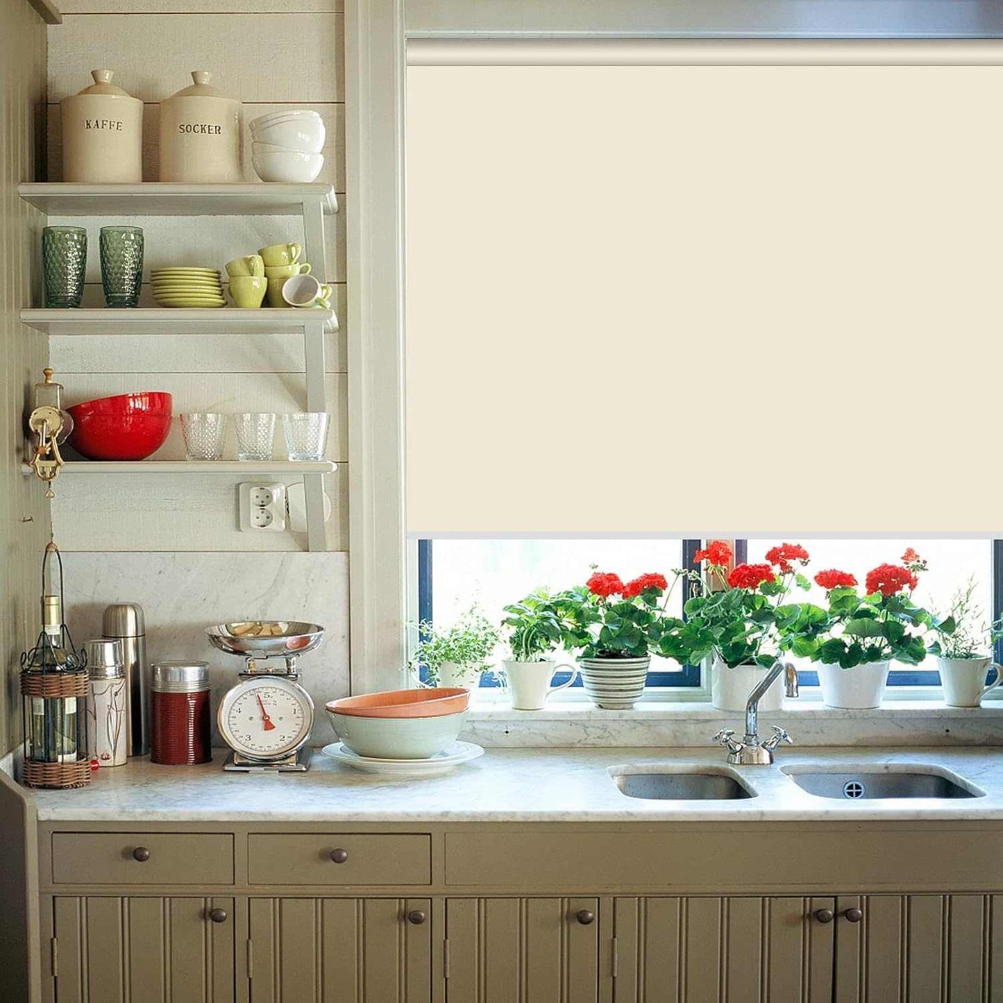 LANTIME Kitchen Bathroom Waterproof Window Shades, Cordless 100% Blackout Waterproof Oilproof and Mildew Resistent, Provide Privacy and Easy Care Beige Window Blinds