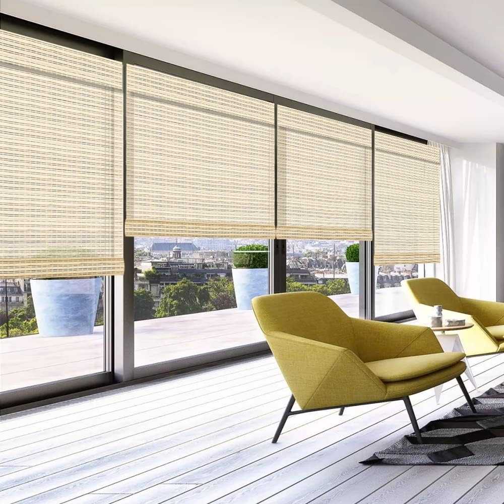 LANTIME no drill no tools bamboo roller shade light filtering cordless custom size blinds on window