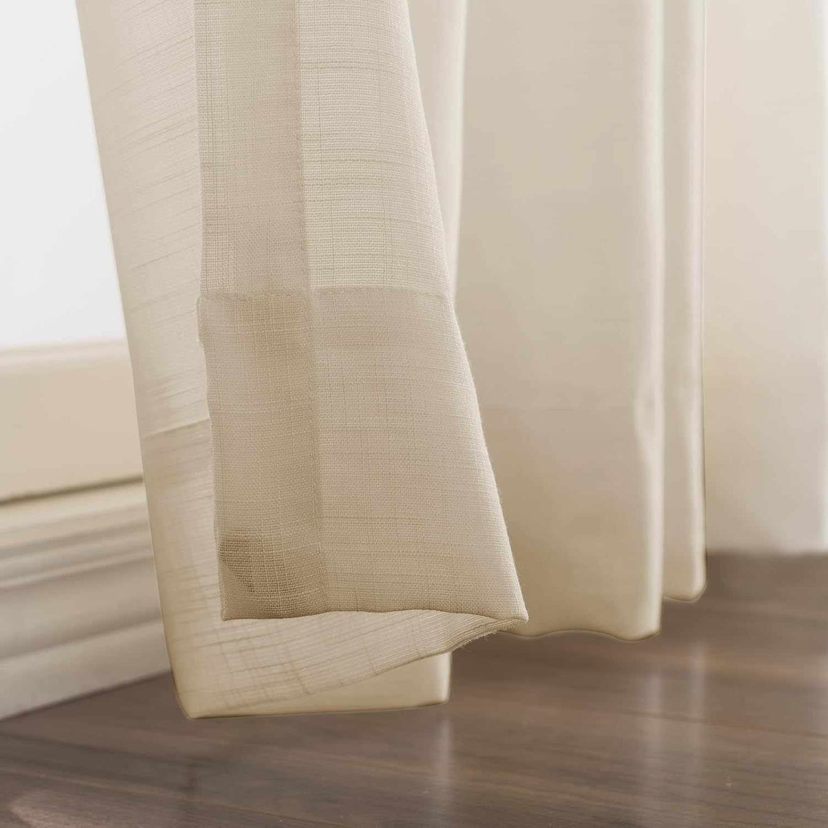 Faux linen pinch pleat sheer curtains with semi-sheer texture and custom length option, set of 2