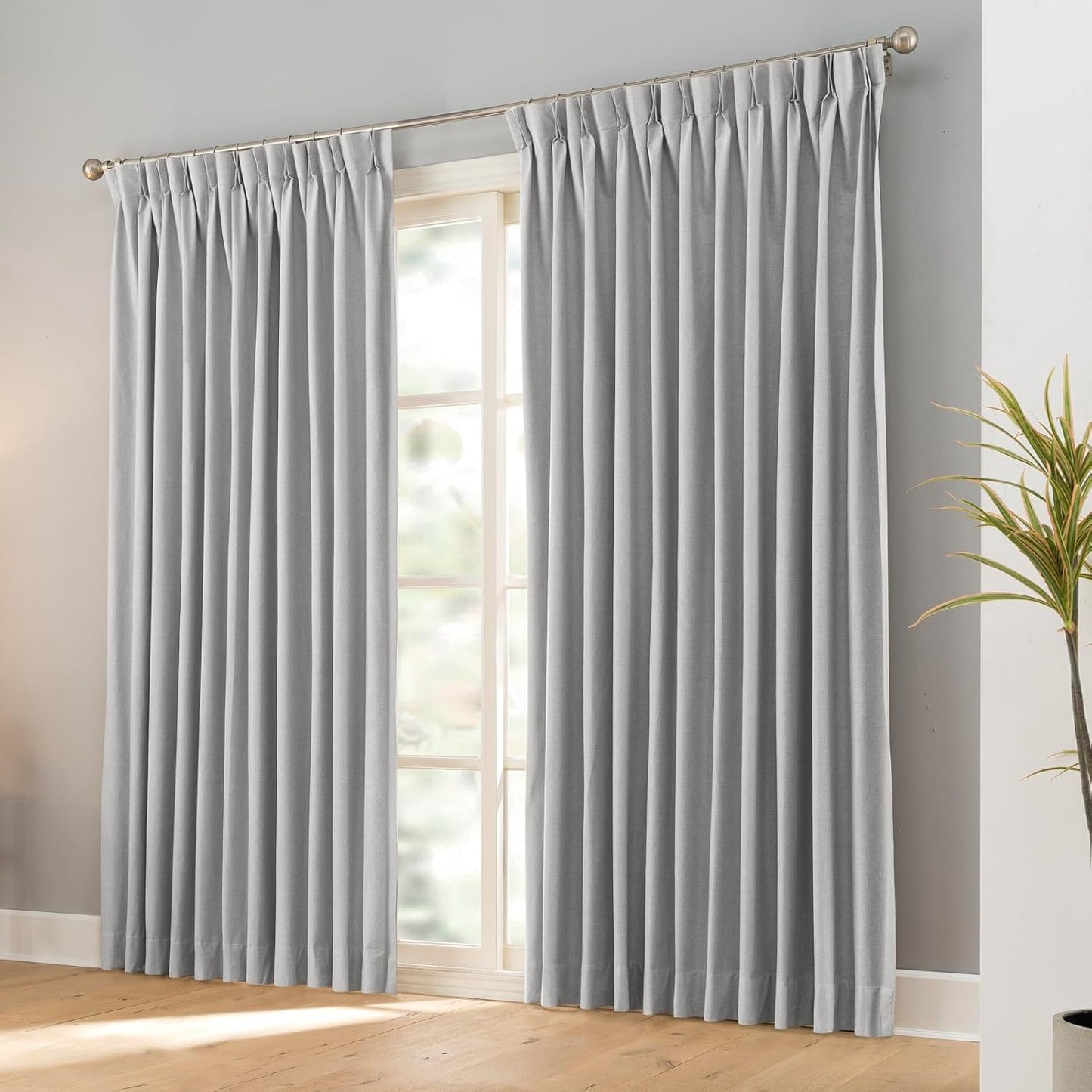 LANTIME Blackout Pinch Pleat Drapes, Pencil Pleated Faux Linen Textured Window Curtains, 2 Panels