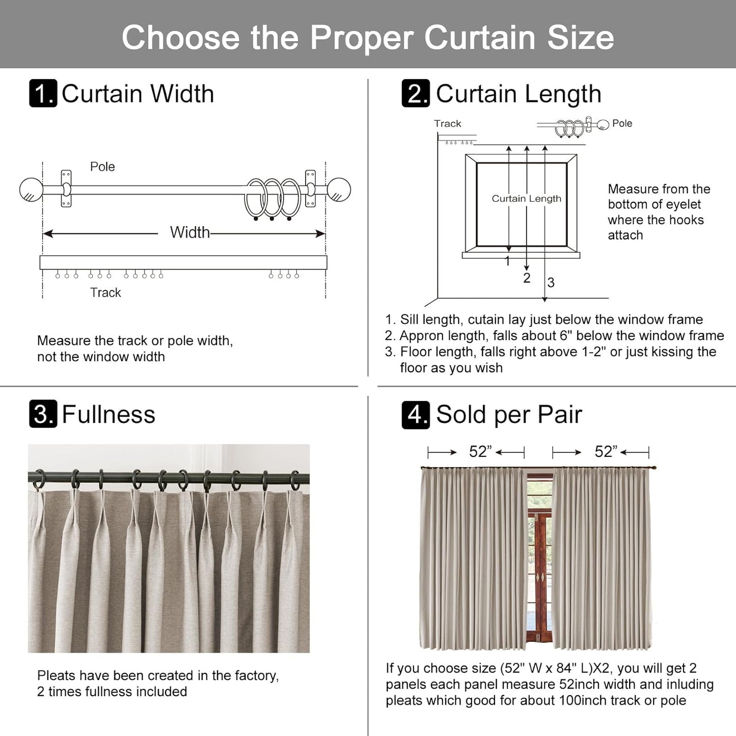 LANTIME Blackout Pinch Pleat Drapes, Pencil Pleated Faux Linen Textured Window Curtains, 2 Panels