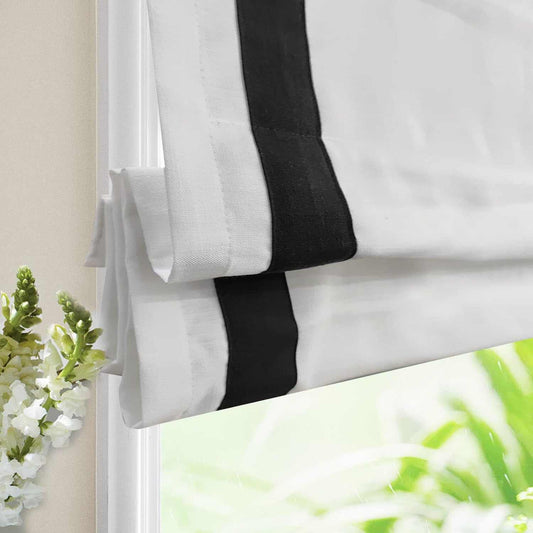No-Drill Blackout Roman Shade in white fabric with cordless lift system and custom sizing, easy no-drill installation