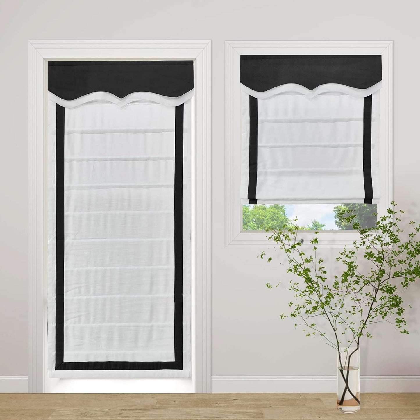 LANTIME No Tools No Drill Cordless Blackout Roman Shades Blinds, White Fabric Lined Custom Valanced Window Shades Blinds for Windows, French Doors, Kitchen Windows