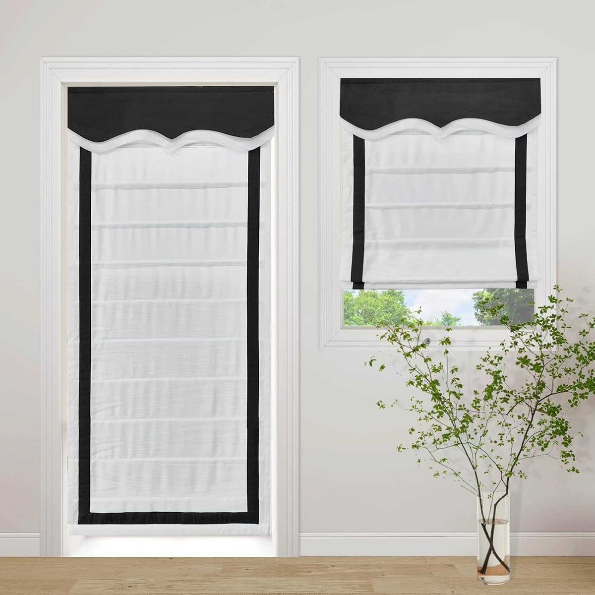 No-drill blackout Roman shade in white with cordless lift and custom fit, easy to install without tools