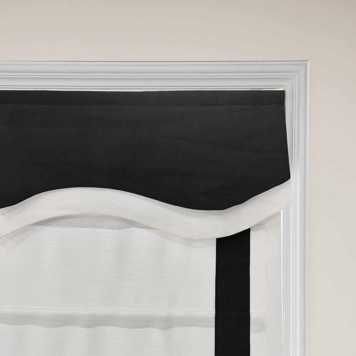 No-Drill Blackout Roman Shade with white fabric lining and cordless lift system, easy no-drill installation and custom sizing options