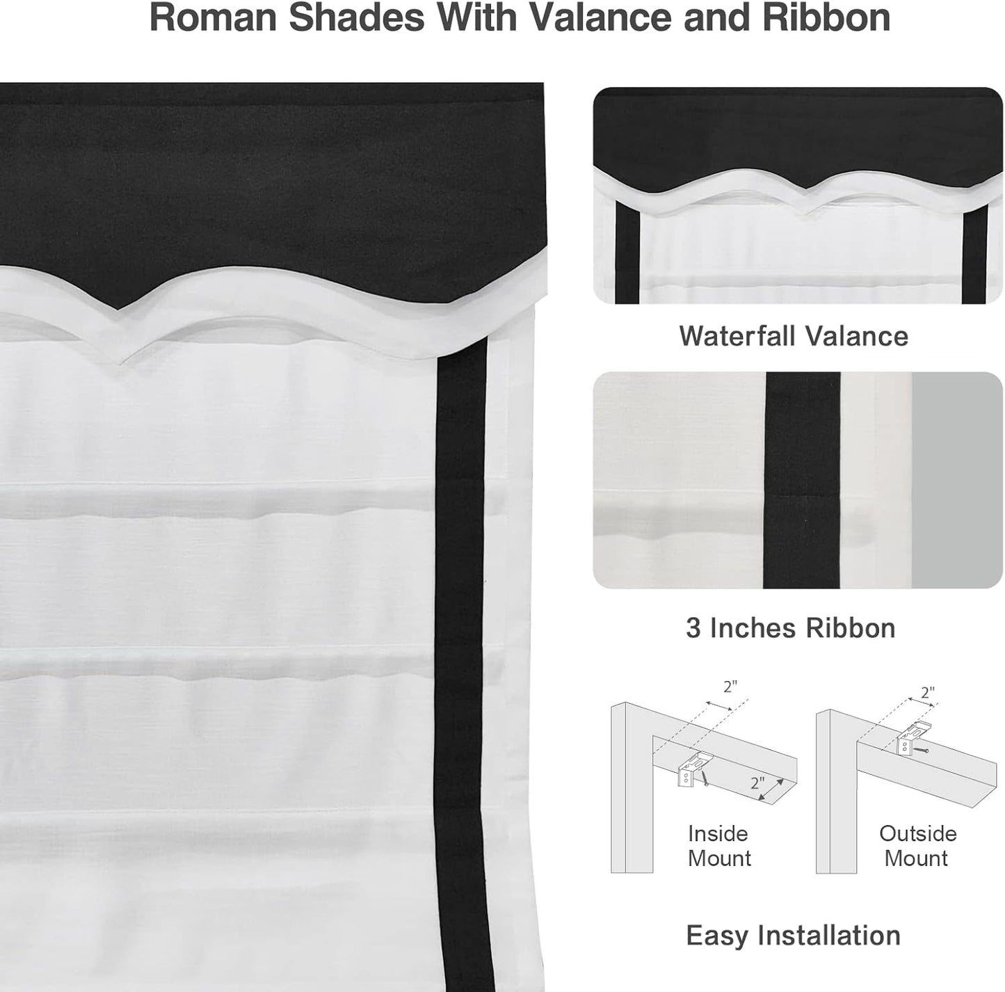 LANTIME No Tools No Drill Cordless Blackout Roman Shades Blinds, White Fabric Lined Custom Valanced Window Shades Blinds for Windows, French Doors, Kitchen Windows