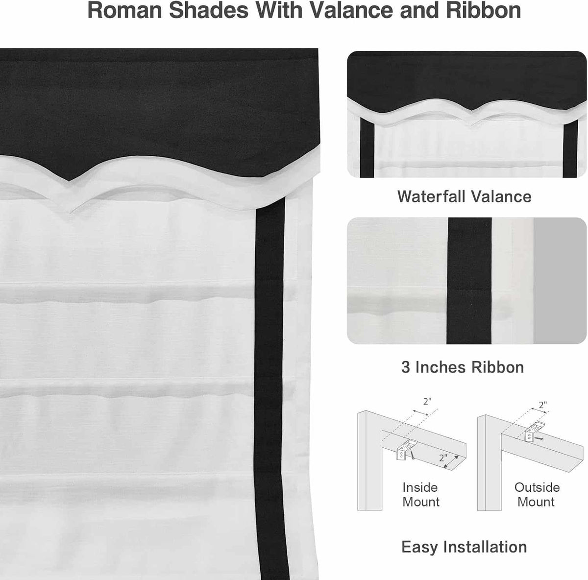 No-Drill Blackout Roman Shade with white fabric lining and cordless custom fit
