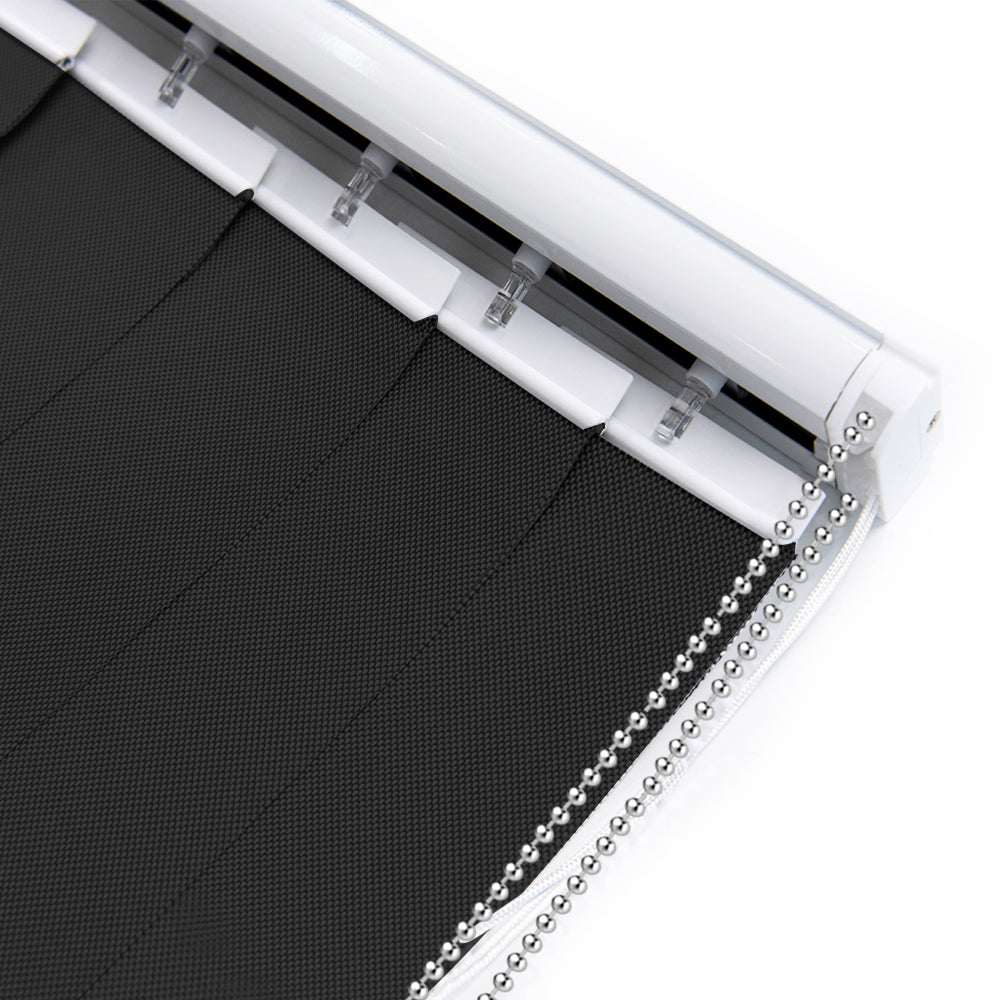 LANTIME Solar Mesh vertical blinds in beige, cordless with 5% openness, installed on sliding door, UV protection and sun glare reduction