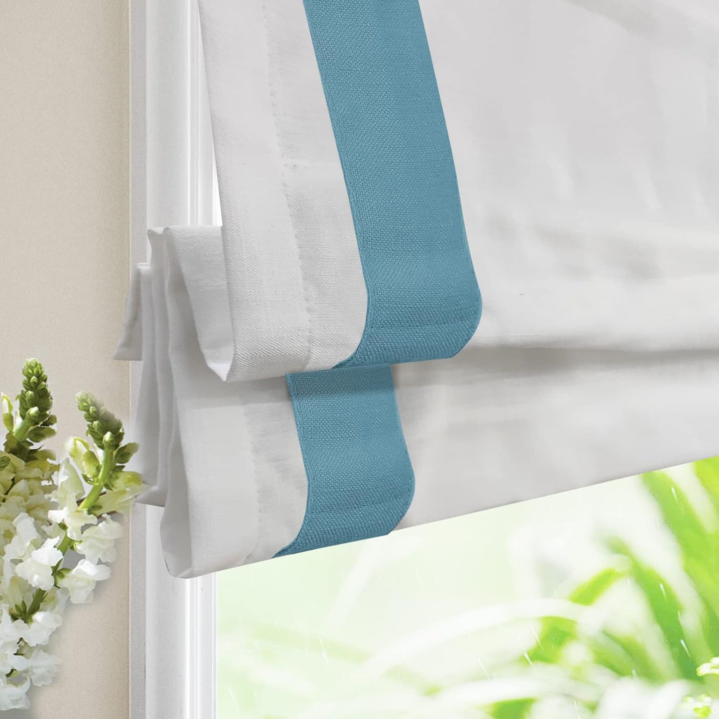 LANTIME No Tools No Drill Cordless Blackout Roman Shades Blinds, White Fabric Lined Custom Valanced Window Shades Blinds for Windows, French Doors, Kitchen Windows