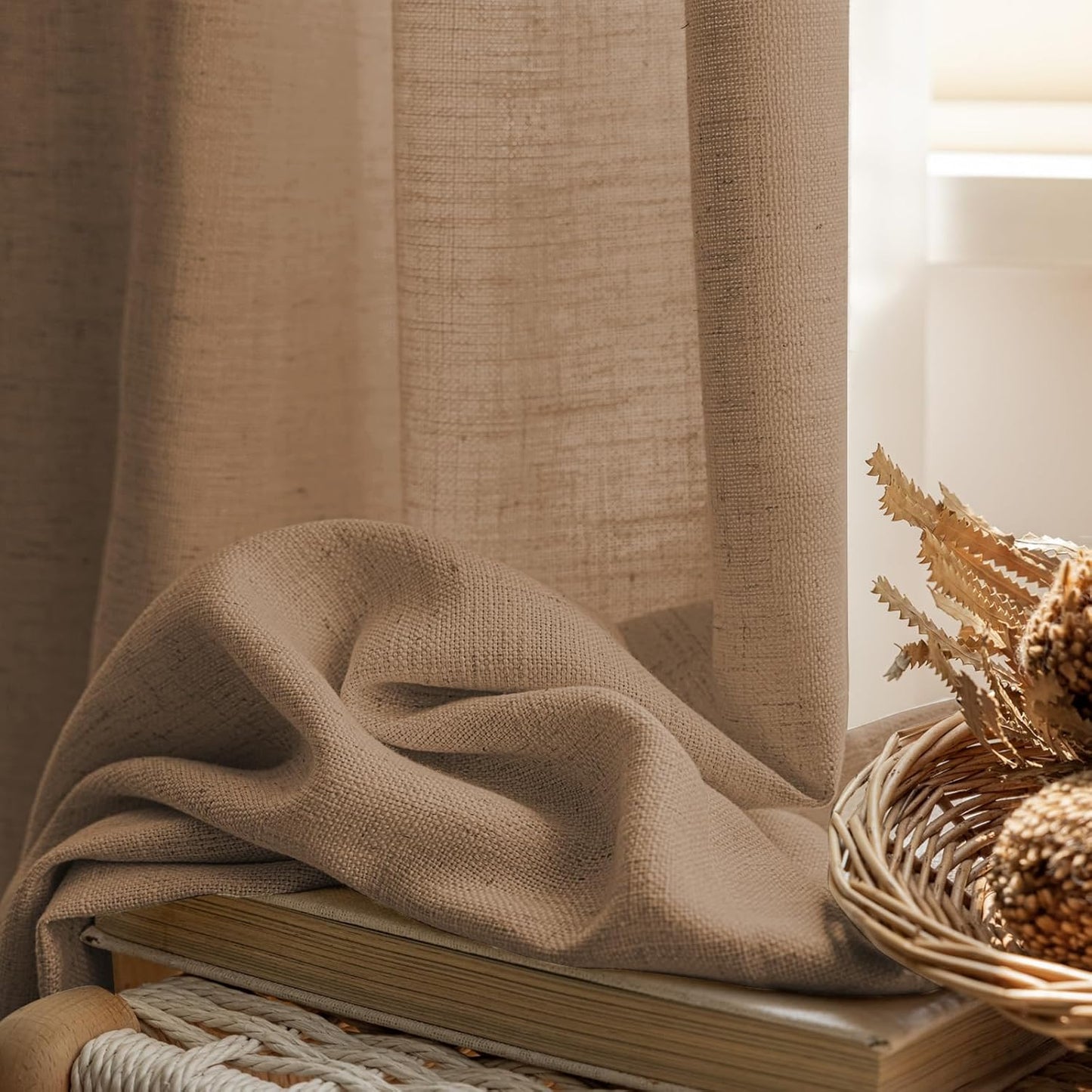 LANTIME Privacy Panels for Windows, Double Pleats Linen Fabric Window Curtains, 2 Panels