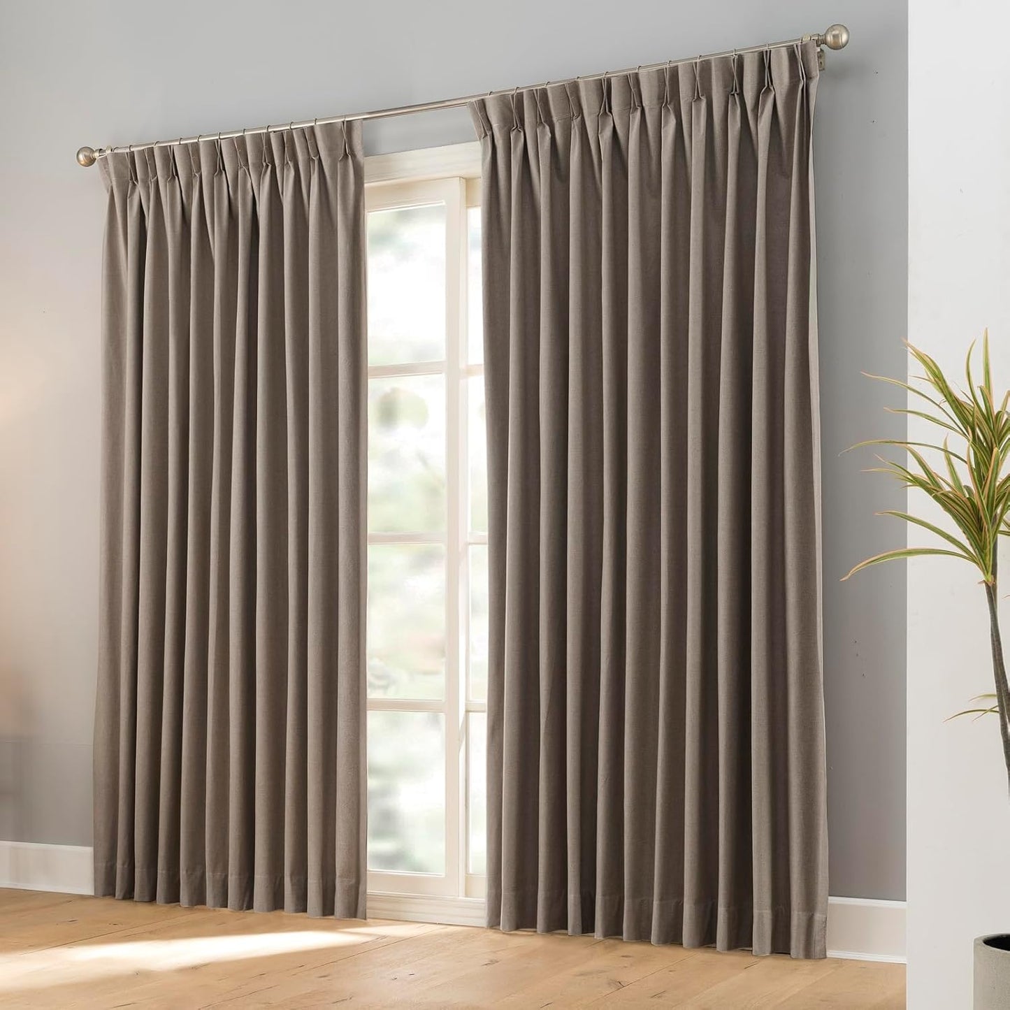 LANTIME Blackout Pinch Pleat Drapes, Pencil Pleated Faux Linen Textured Window Curtains, 2 Panels