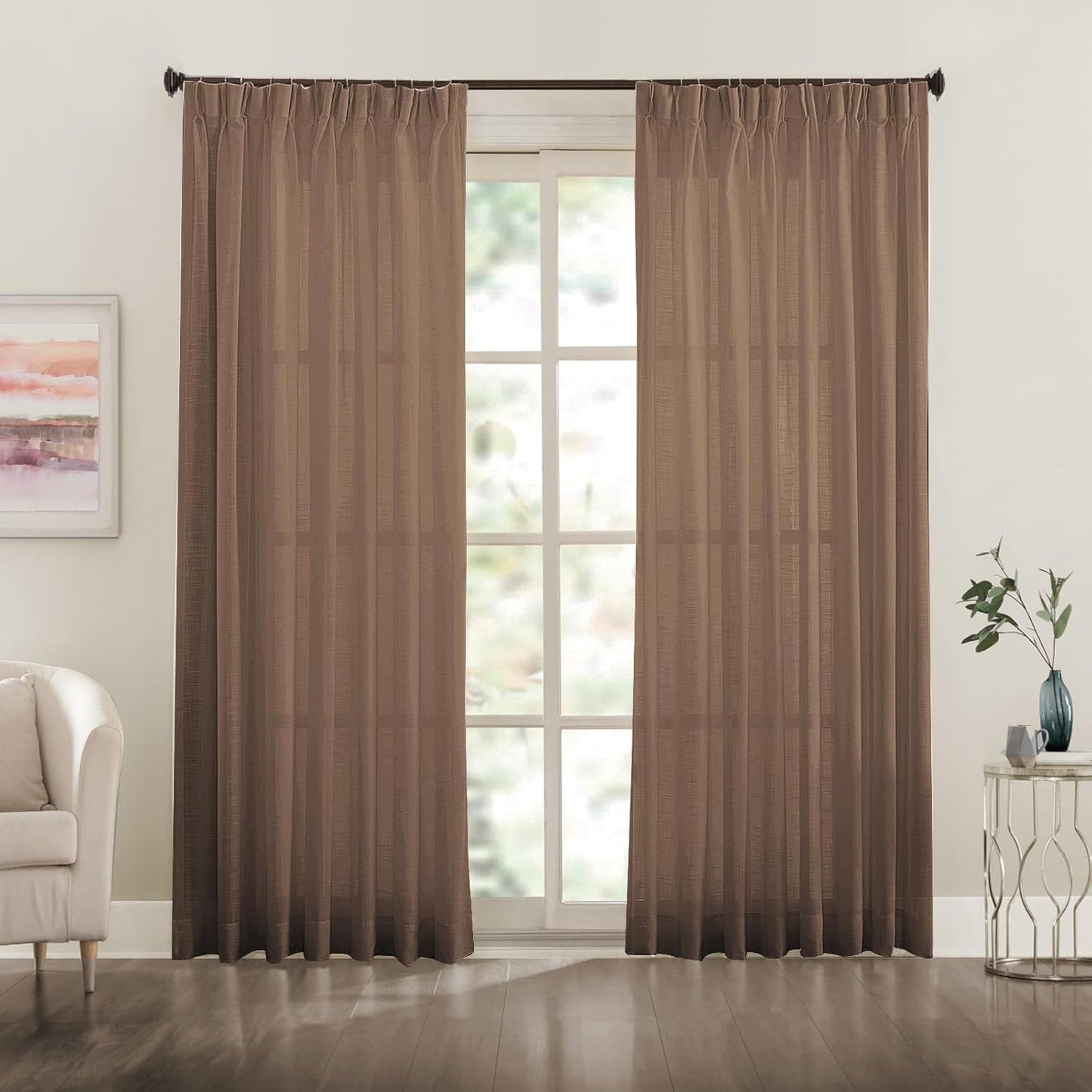 LANTIME Pinch Pleats Sheer Curtains, Semi Window Curtains Panels Drapery, Set of 2