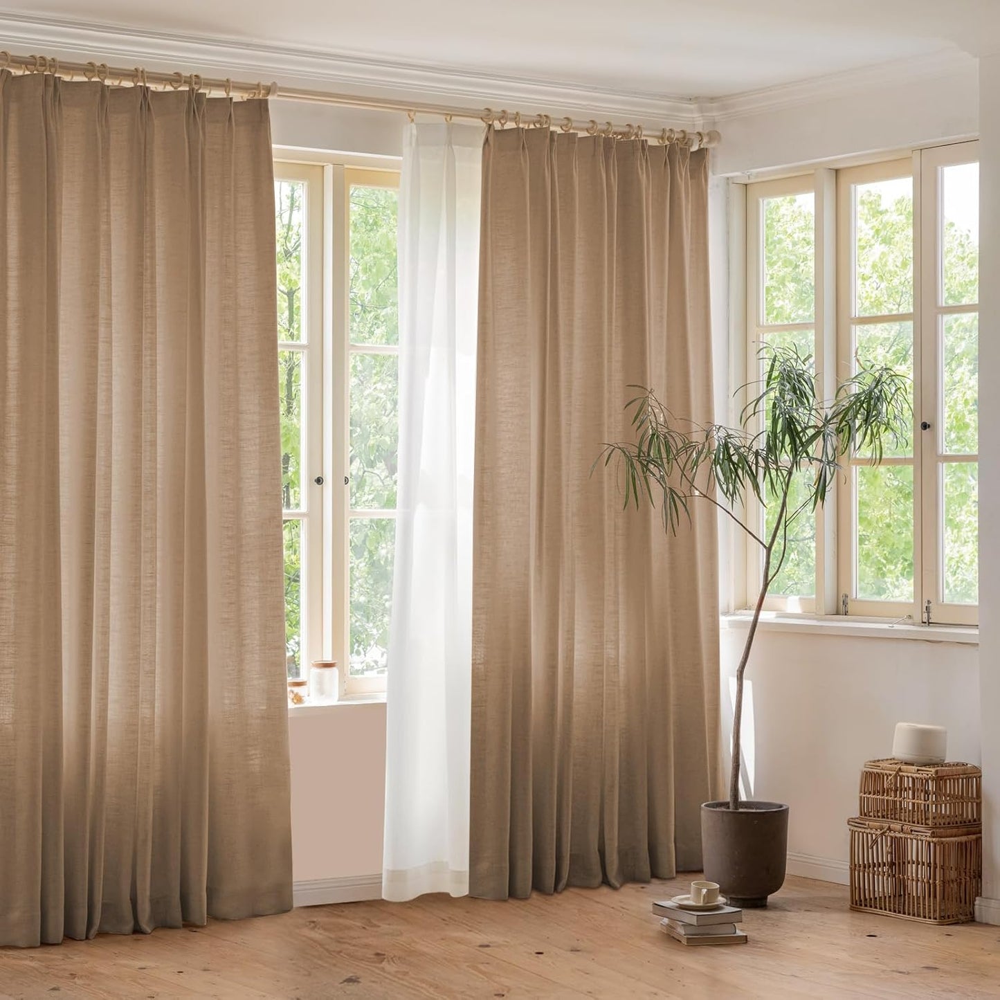 LANTIME Privacy Panels for Windows, Double Pleats Linen Fabric Window Curtains, 2 Panels