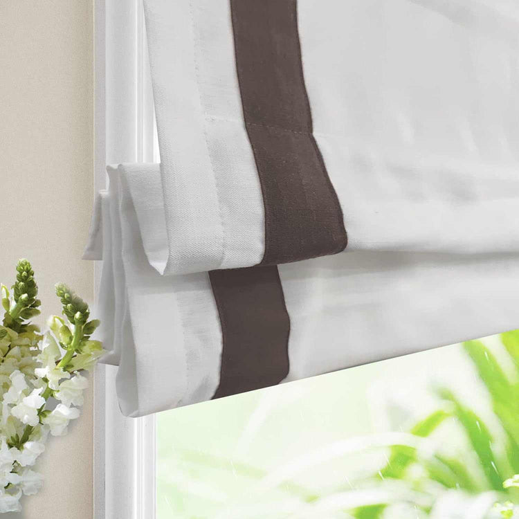 No-Drill Blackout Roman Shade in white fabric with cordless lift system and custom sizing options