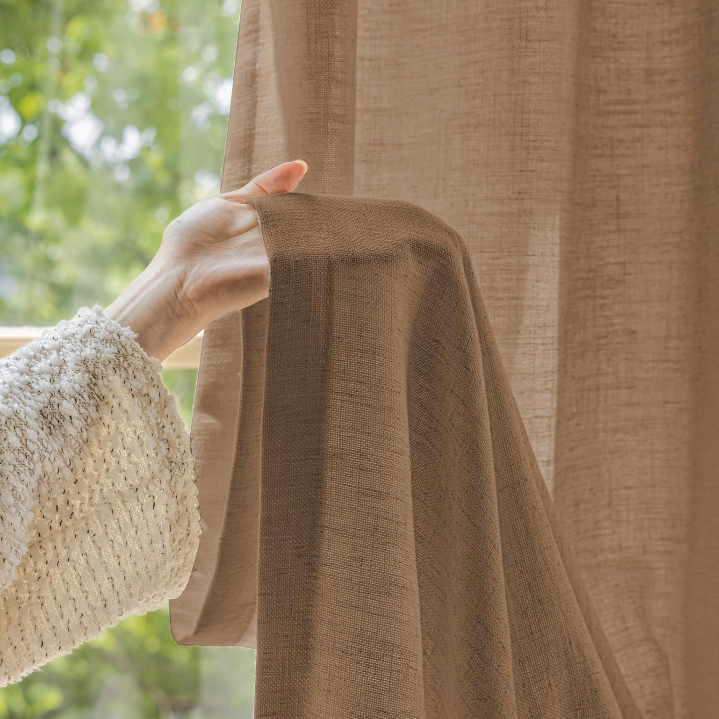 LANTIME Privacy Panels for Windows, Double Pleats Linen Fabric Window Curtains, 2 Panels