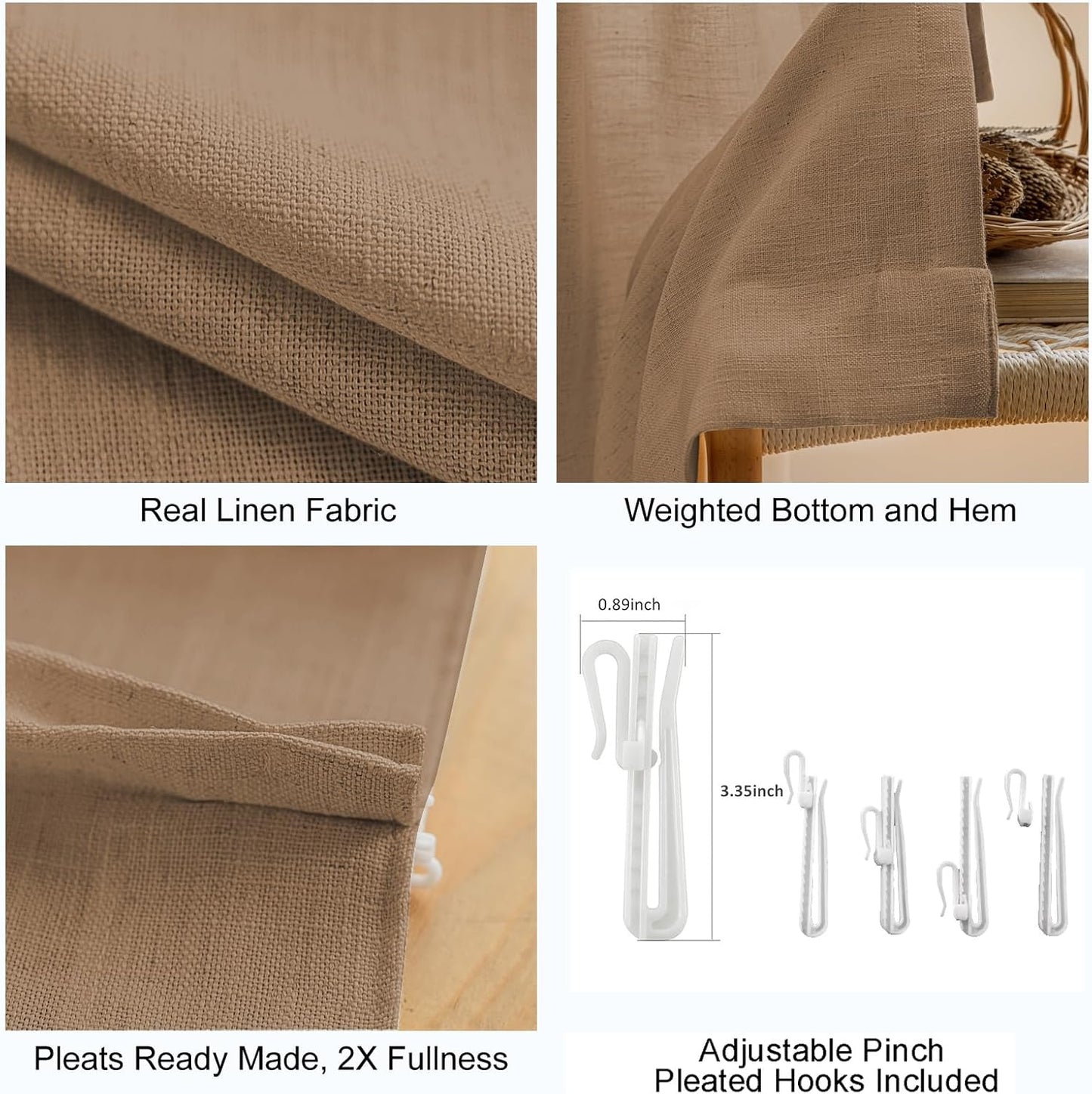 LANTIME Privacy Panels for Windows, Double Pleats Linen Fabric Window Curtains, 2 Panels