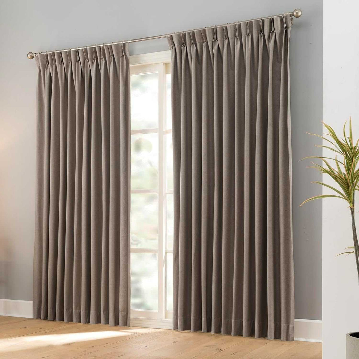 Pair of LANTIME Faux Linen Blackout Curtains with pencil pinch pleats, 100% light-blocking fabric in black color
