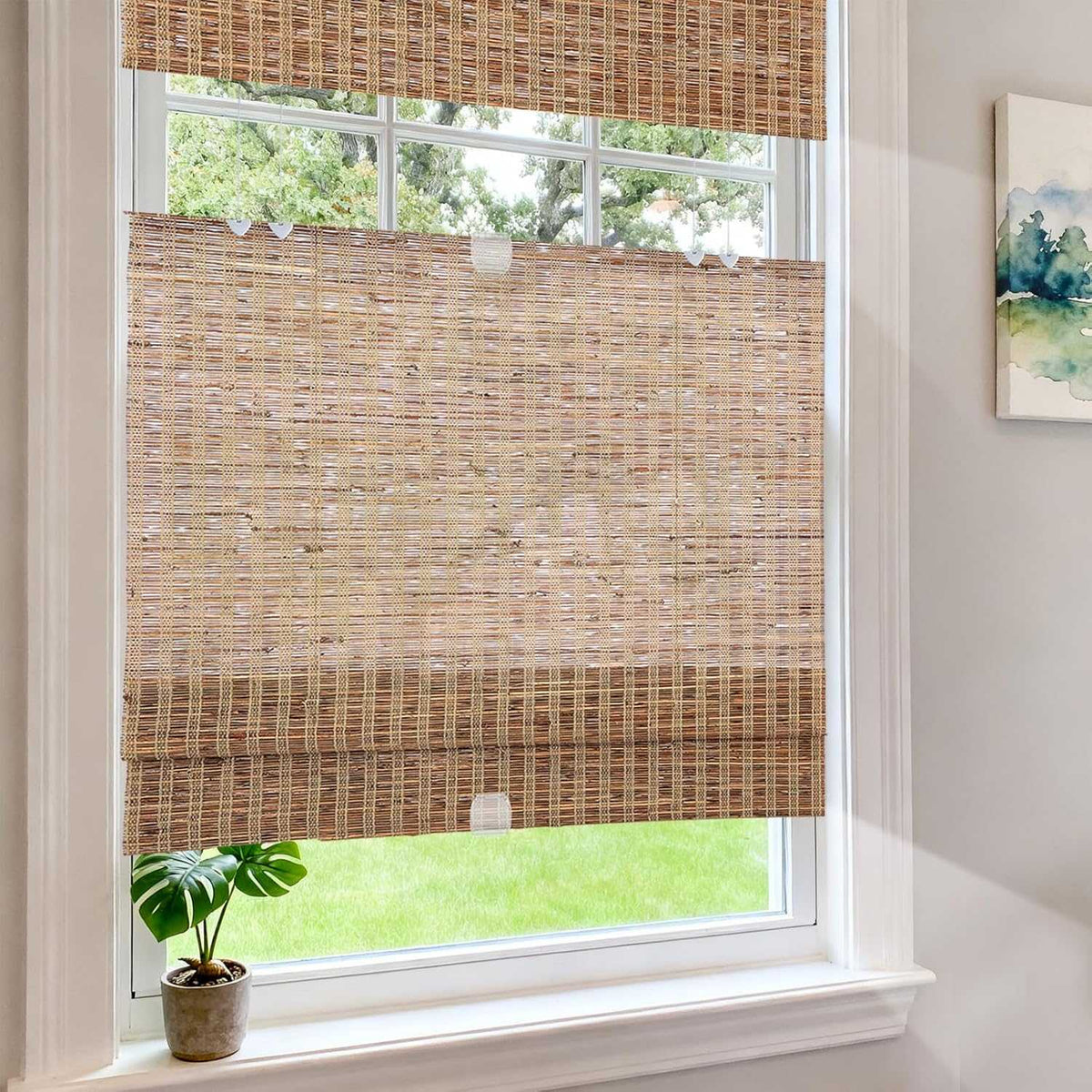 LANTIME No-Drill cordless top down bottom up natural ramie bamboo Roman shade installed on a window